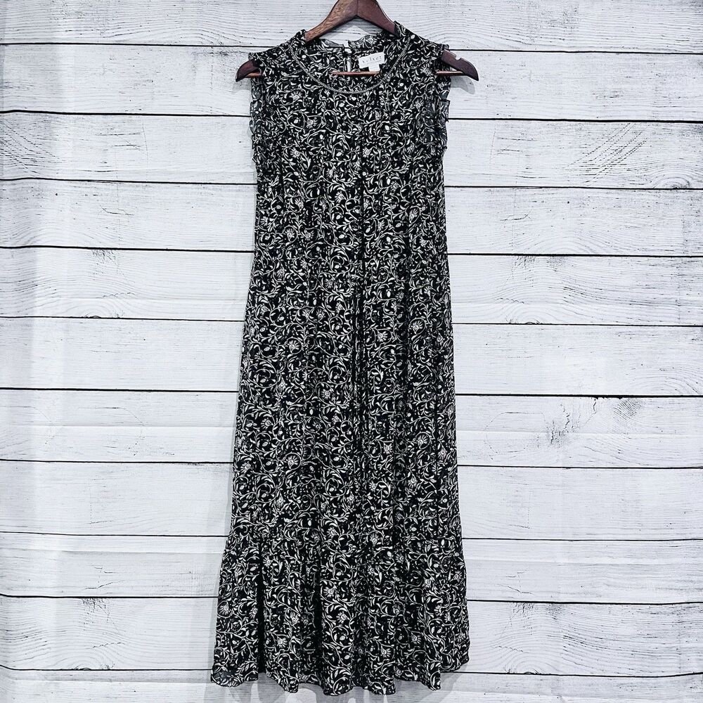 Velvet by Graham & Spencer Black Floral Print Midi Dress Tie Waist Ruffled Small